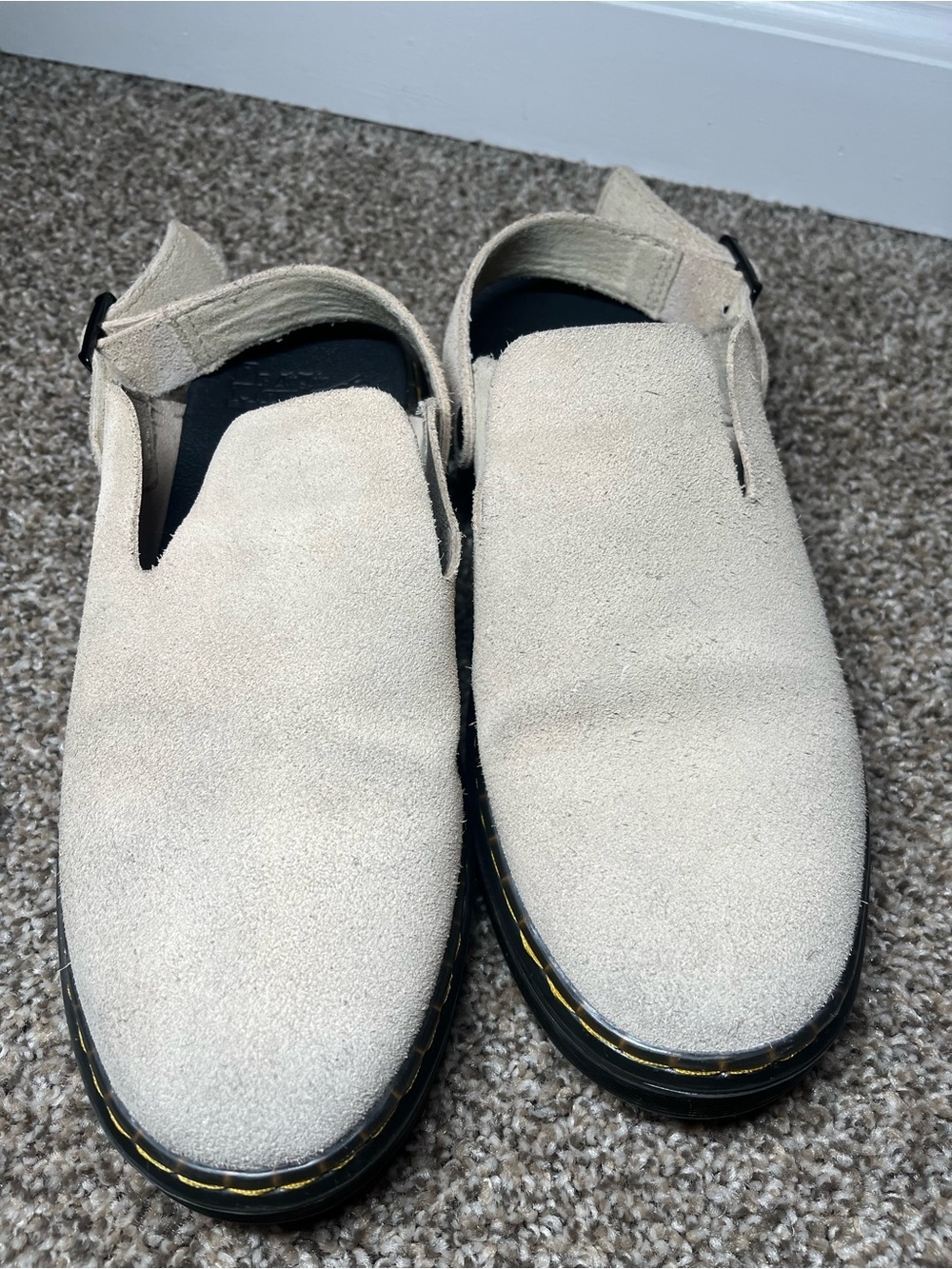 Dr. Martens Carlson suede slingback mules in the warm sand beige colorway